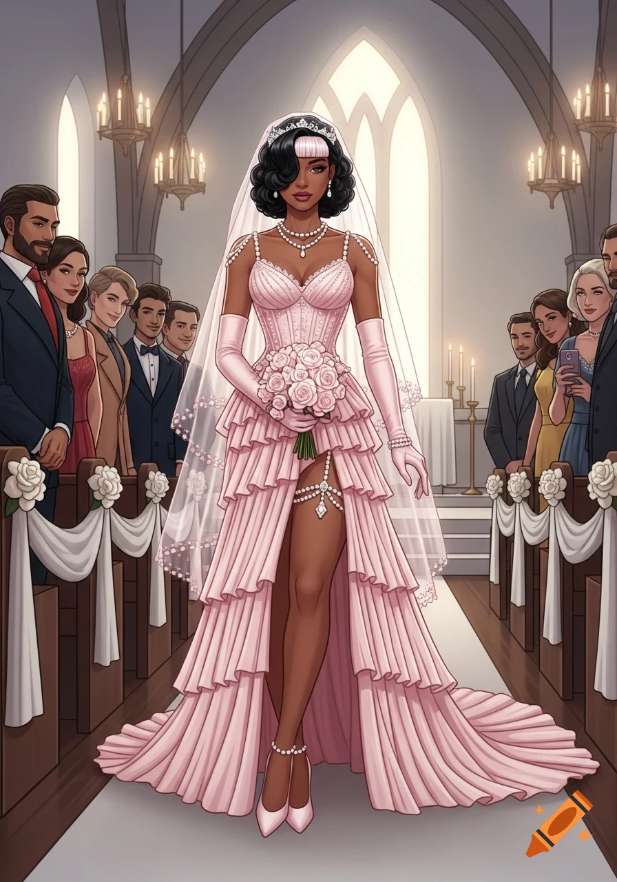 A beautiful dark-skinned bride with dark hair in a pink tiered wedding gown and jeweled thigh chain walks down a church aisle. Illustrative style.