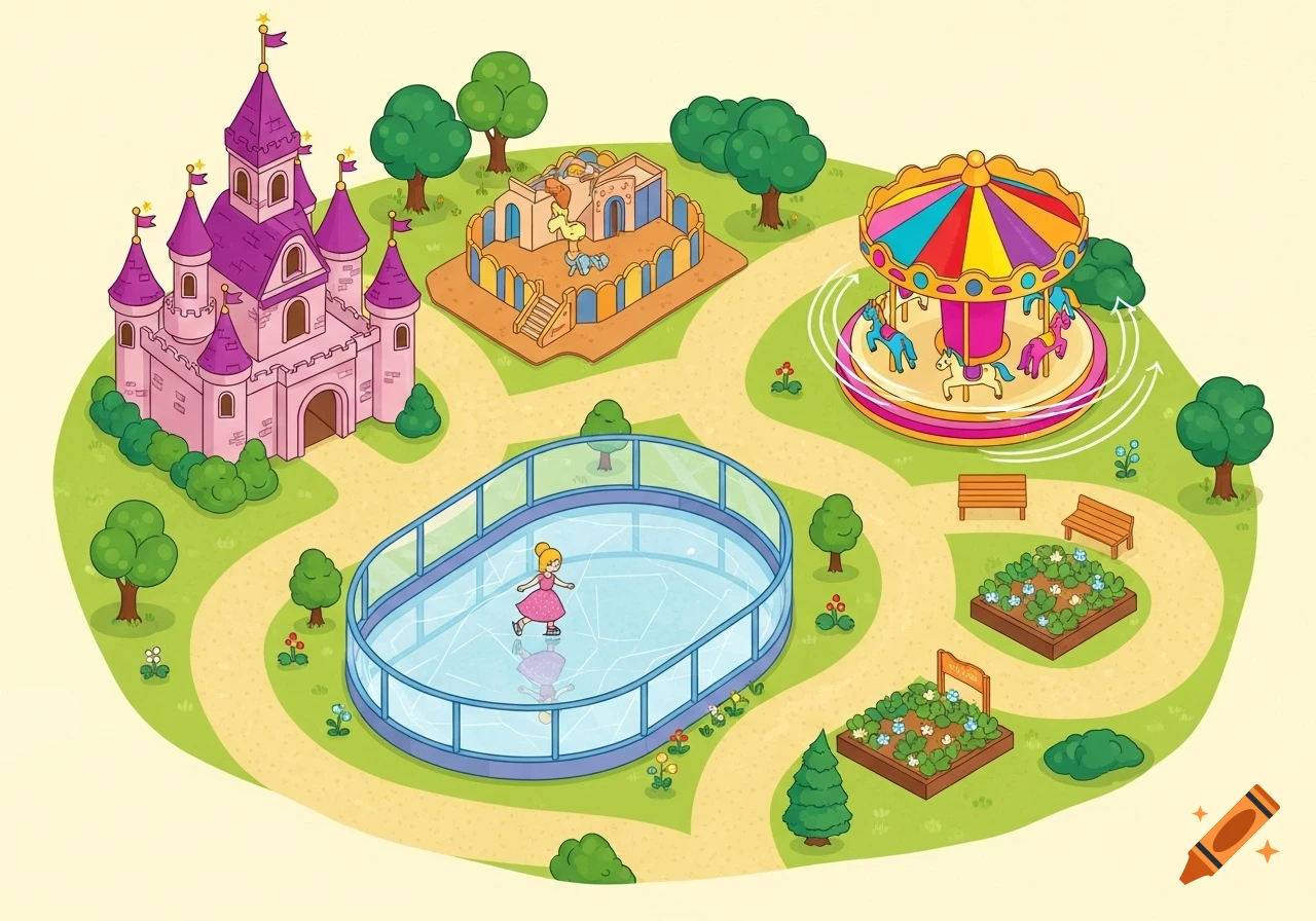 An isometric cartoon map of a magical toy park with a pink castle, a colorful carousel, an ice rink with a skater, and flower beds.