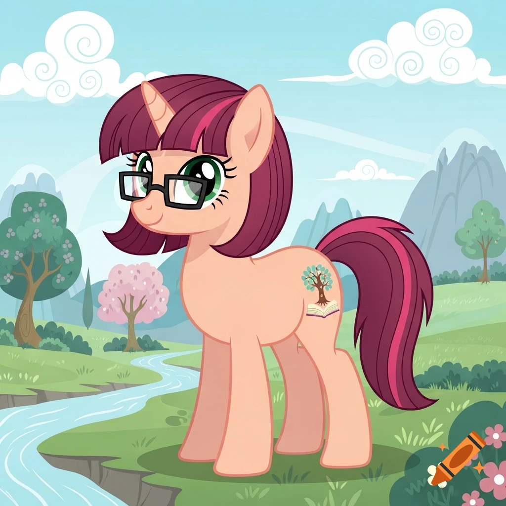 A cartoon unicorn mare with a peach body, maroon bob hair, green eyes, square glasses, and a book-and-tree cutie mark stands in a landscape.