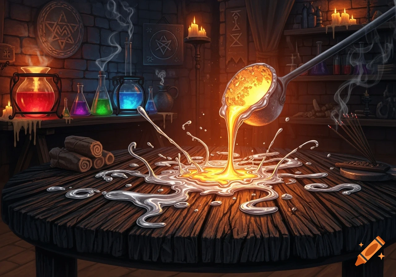 A fantasy alchemy lab scene where glowing molten gold is poured from a ladle onto a wooden table, splattering amidst colorful potions and candles.