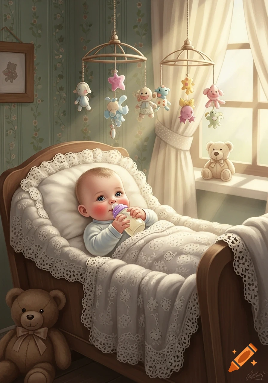 An illustration of a baby drinking from a bottle in a lace-decorated crib, surrounded by hanging mobiles and teddy bears in a sunlit nursery.