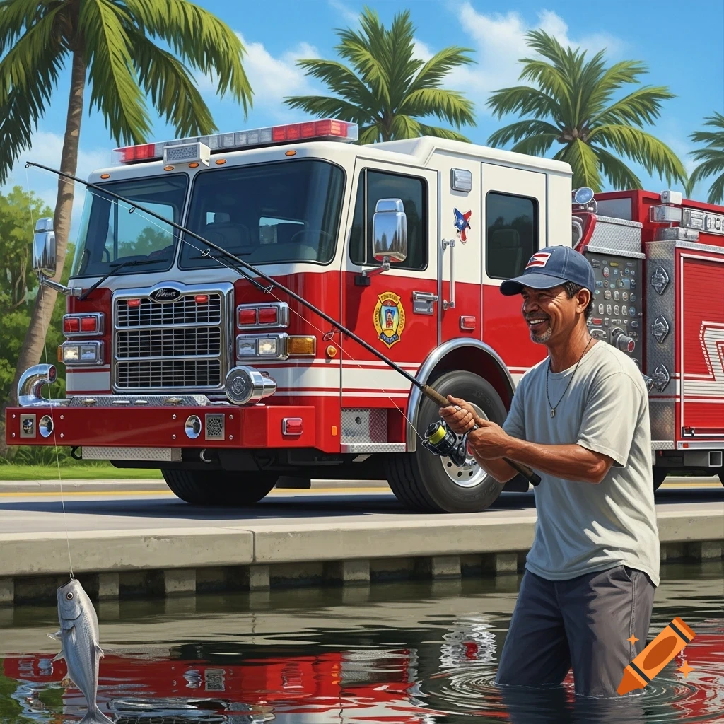 A smiling man fishing in water, holding a fish, with a red and white fire truck and palm trees in the background.