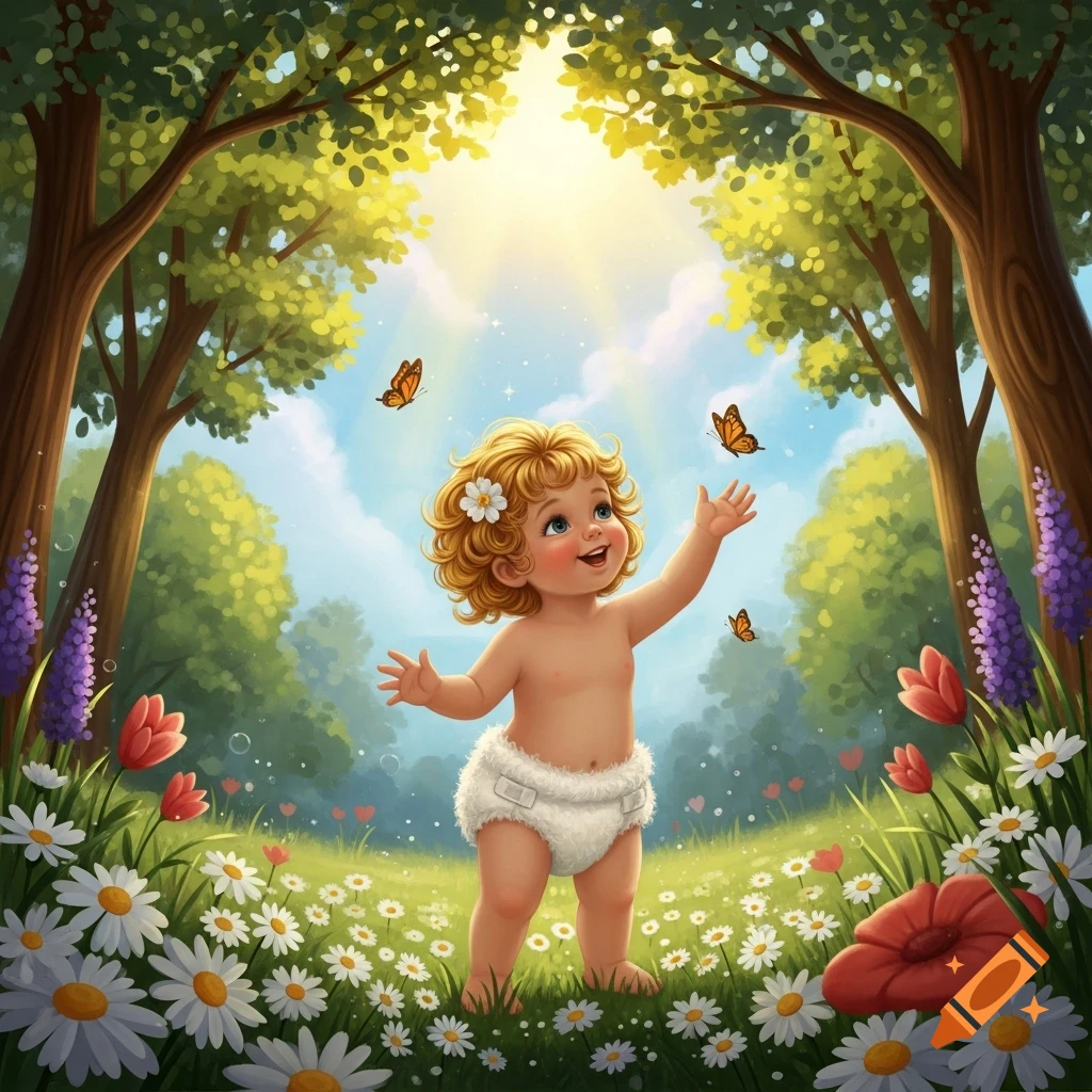 Happy cartoon baby with curly blonde hair in a diaper, reaching for butterflies in a sunny forest clearing filled with colorful flowers.