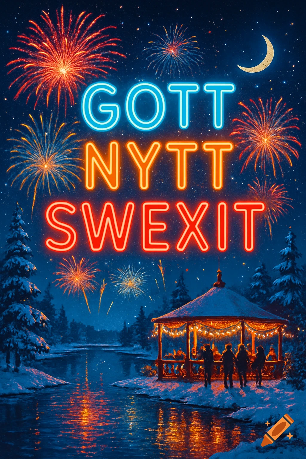 Neon 'GOTT NYTT SWEXIT' above a festive winter night scene with fireworks, a crescent moon, and a glowing gazebo by a river.