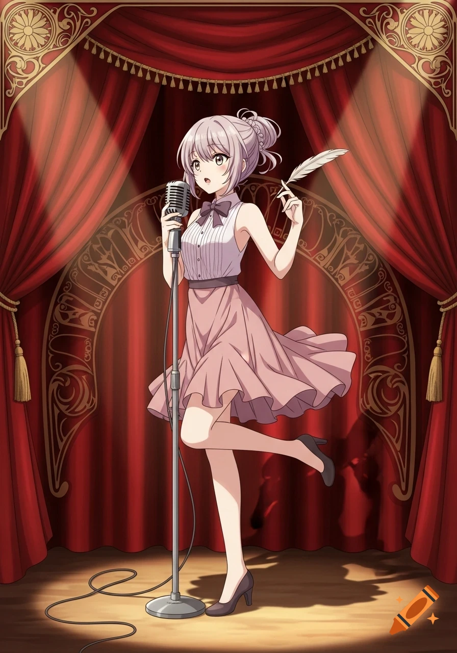 An anime girl with light purple hair in a pink dress sings into a vintage microphone on a red curtained stage, holding a feather quill.