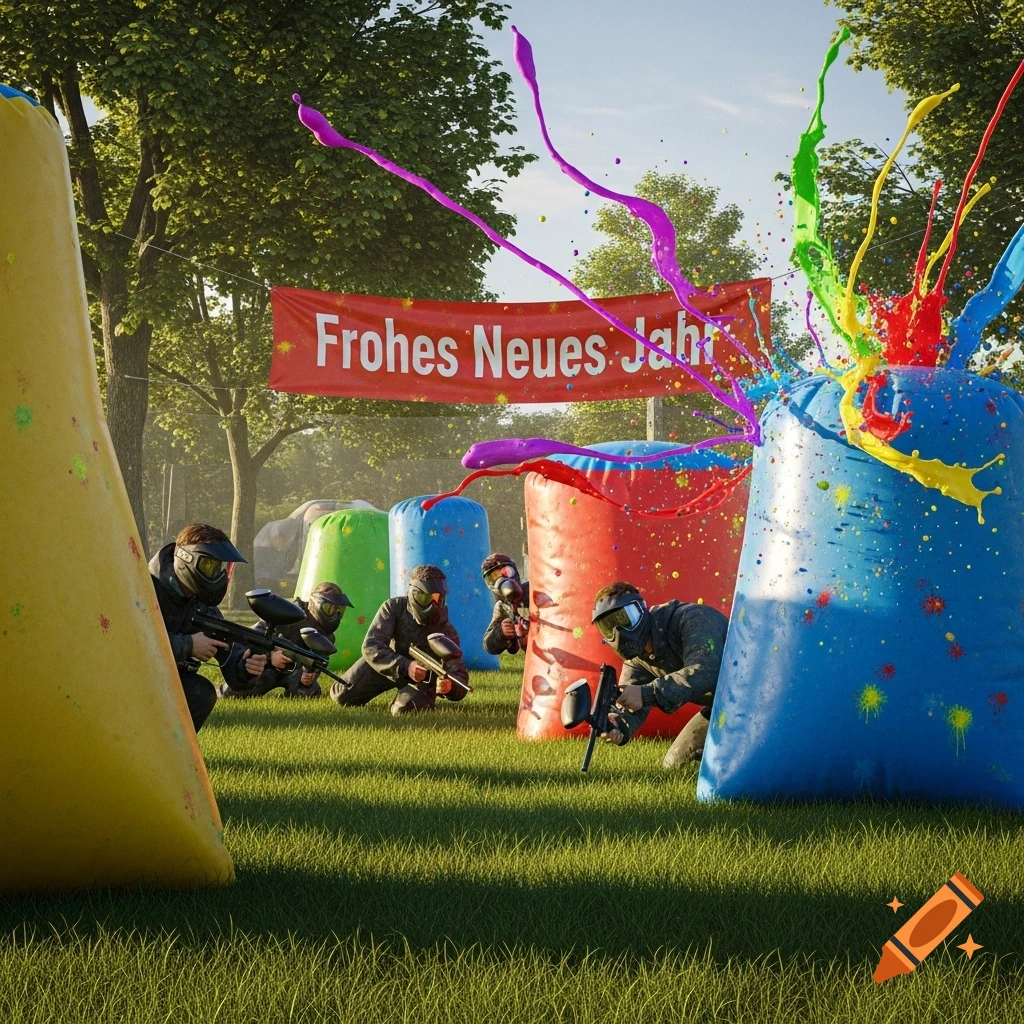 Paintball players crouch behind inflatable barriers covered in colorful paint splatters, under a red banner reading "Frohes Neues Jahr" in a park.