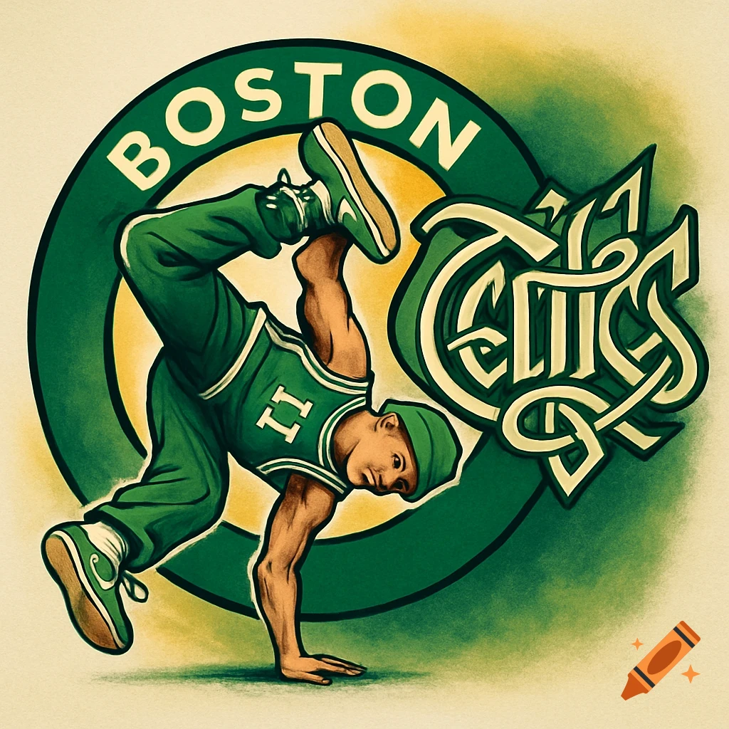 Illustration resembling the Boston Celtics logo, featuring a b-boy in green breakdancing, with "BOSTON" and stylized "CELTICS" text.