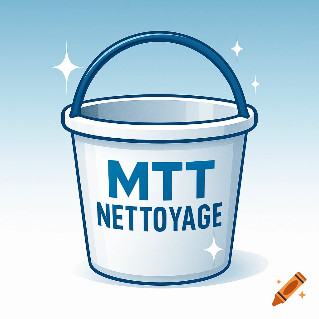 An illustration of a white cleaning bucket with a blue handle and 'MTT NETTOYAGE' written in blue on its side, surrounded by sparkles.