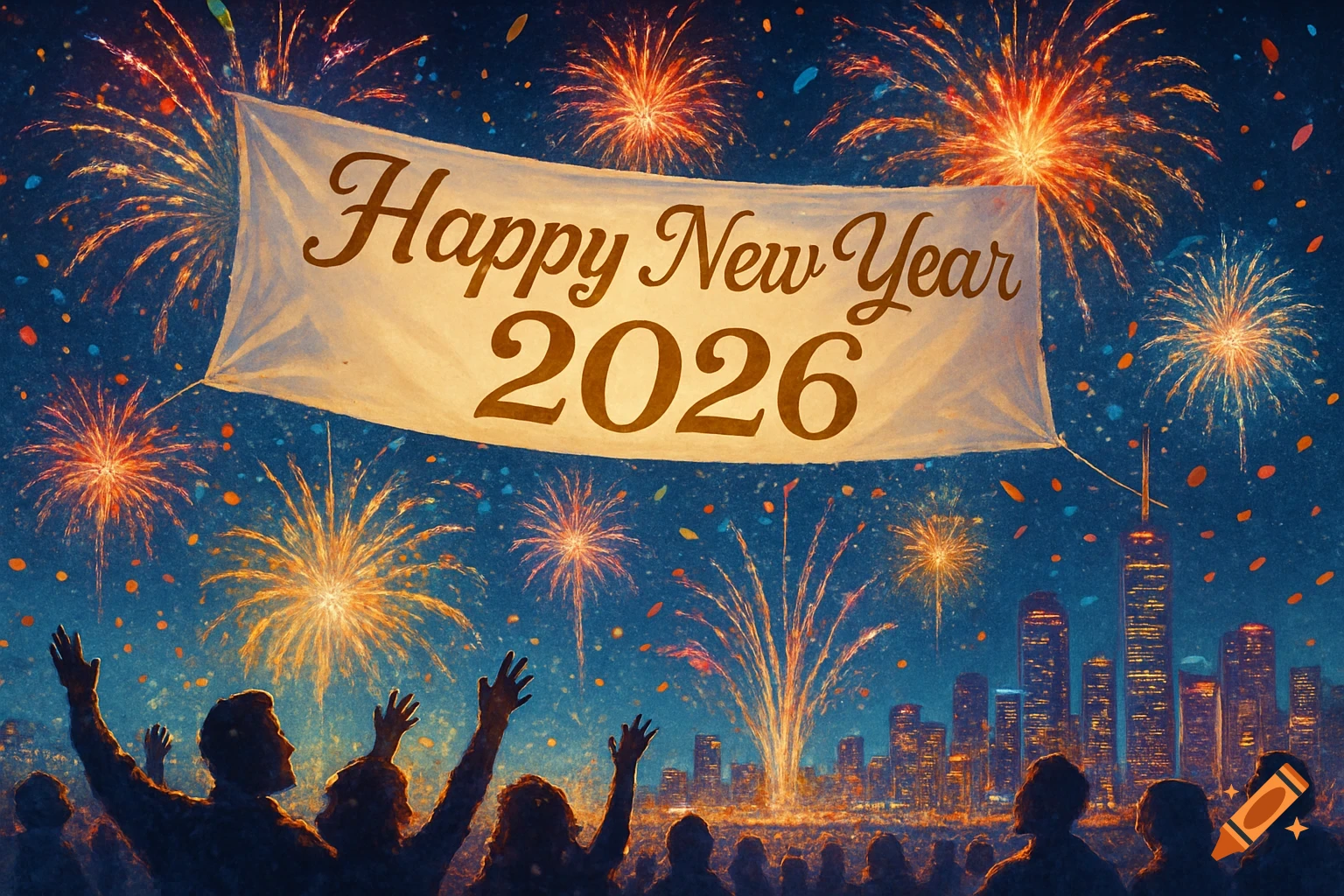 Silhouetted crowd watches a large banner reading "Happy New Year 2026" and colorful fireworks over a city skyline at night.
