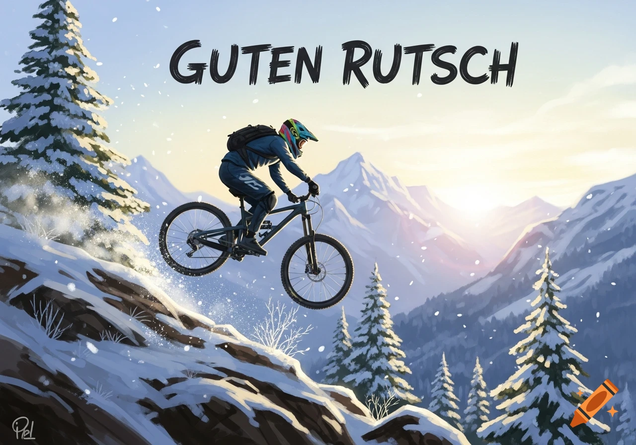 Illustration of a mountain biker jumping on a snowy slope with pine trees and mountains at sunrise, with 'GUTEN RUTSCH' text above.