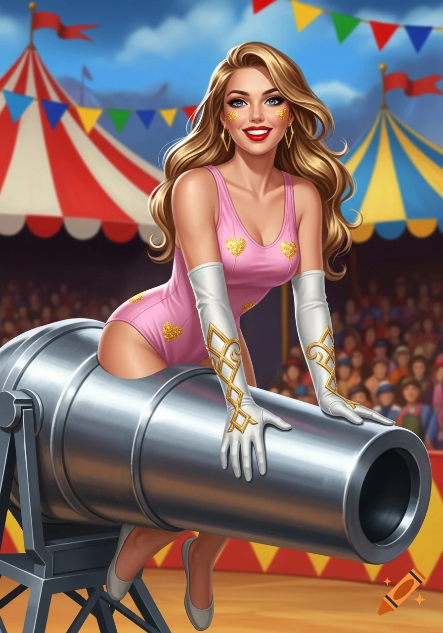 A smiling blonde woman in a pink leotard and white gloves poses as a human cannonball inside a circus cannon, with tents and crowd in background, digital art.