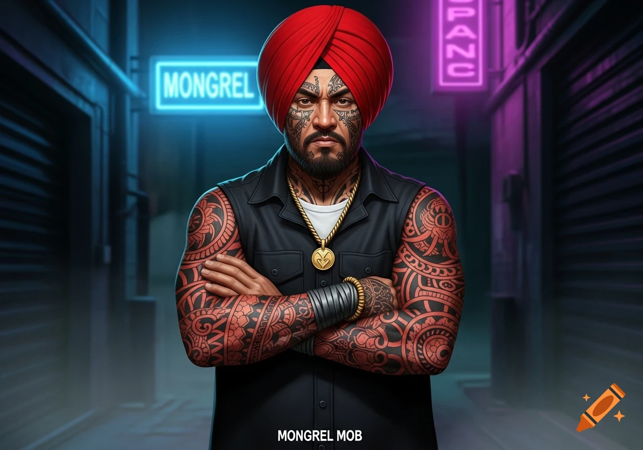 A man with a red turban and elaborate face, neck, and arm tattoos stands with crossed arms in a neon-lit alley. Text includes "MONGREL" and "MONGREL MOB".