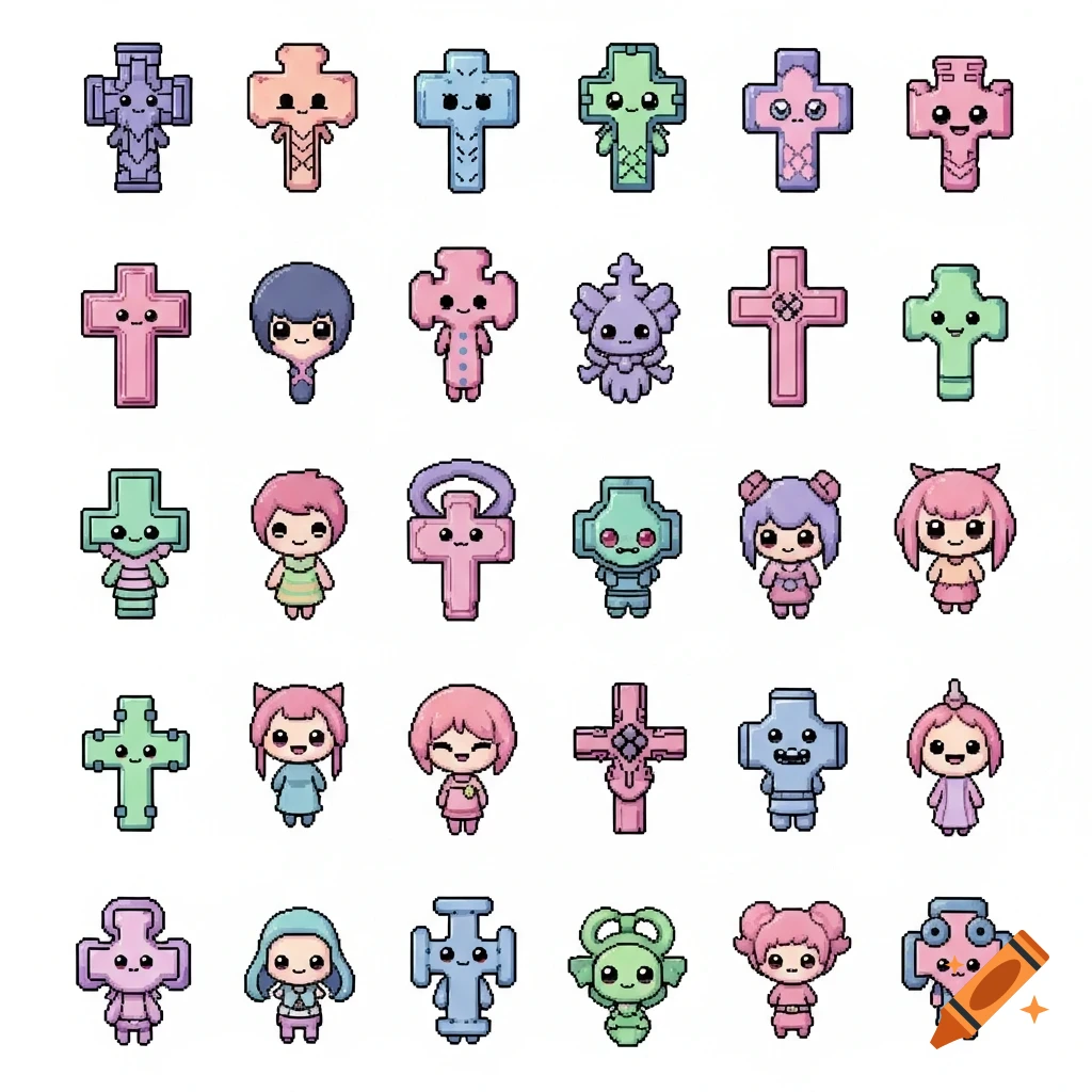 A sprite sheet featuring a grid of cute, pastel-colored pixel art characters, many shaped like crosses with faces, in a chibi style.