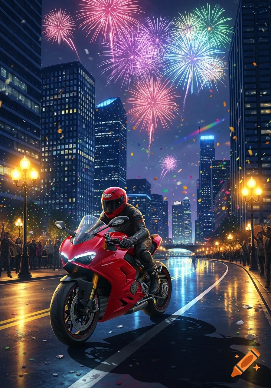 A motorcyclist in a red helmet and suit rides a red sportbike down a wet city street at night, with fireworks lighting the sky.