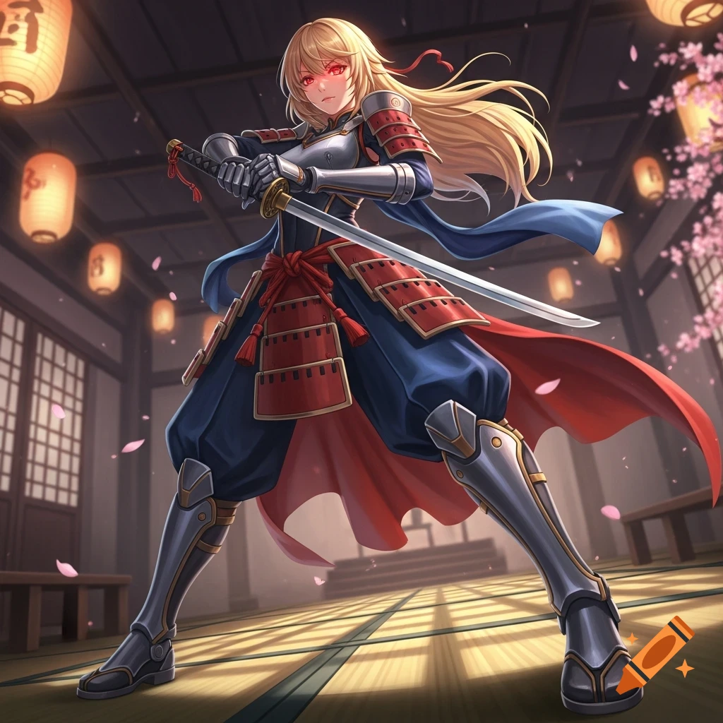 An anime woman with blonde hair and red eyes, dressed in samurai armor, holds a katana in a traditional Japanese room with lanterns.
