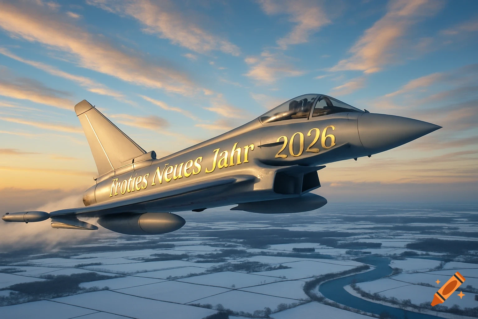 A Eurofighter jet with 'FROHES NEUES JAHR 2026' written in gold flies over a snowy landscape under a dramatic sky.