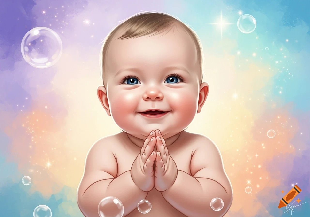 A smiling baby with blue eyes holds its hands together, surrounded by bubbles and sparkling pastel background in a digital art style.
