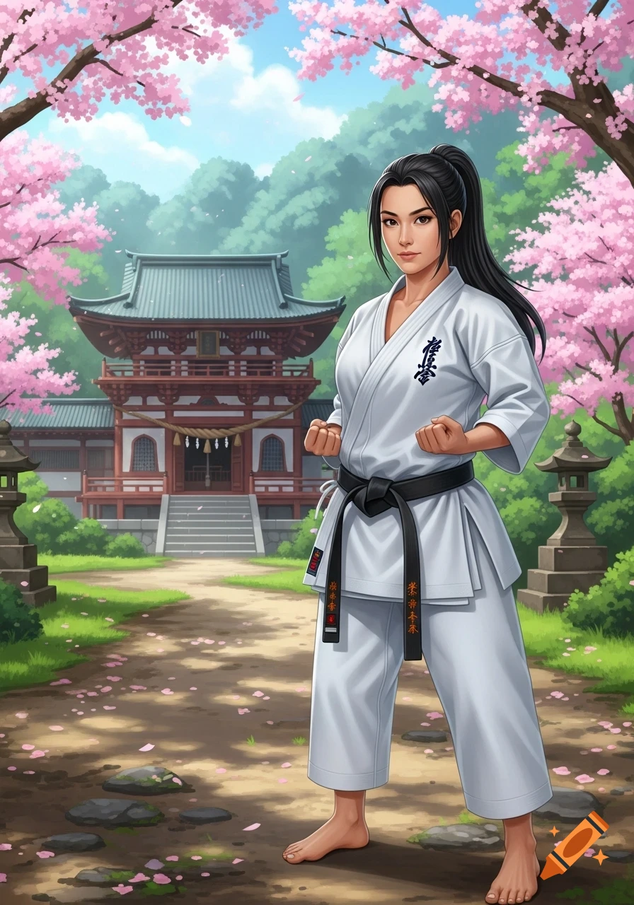 A woman with long dark hair tied in a ponytail, wearing a white karate gi and black belt, stands in a fighting stance in front of a traditional Japanese temple surrounded by cherry blossoms.