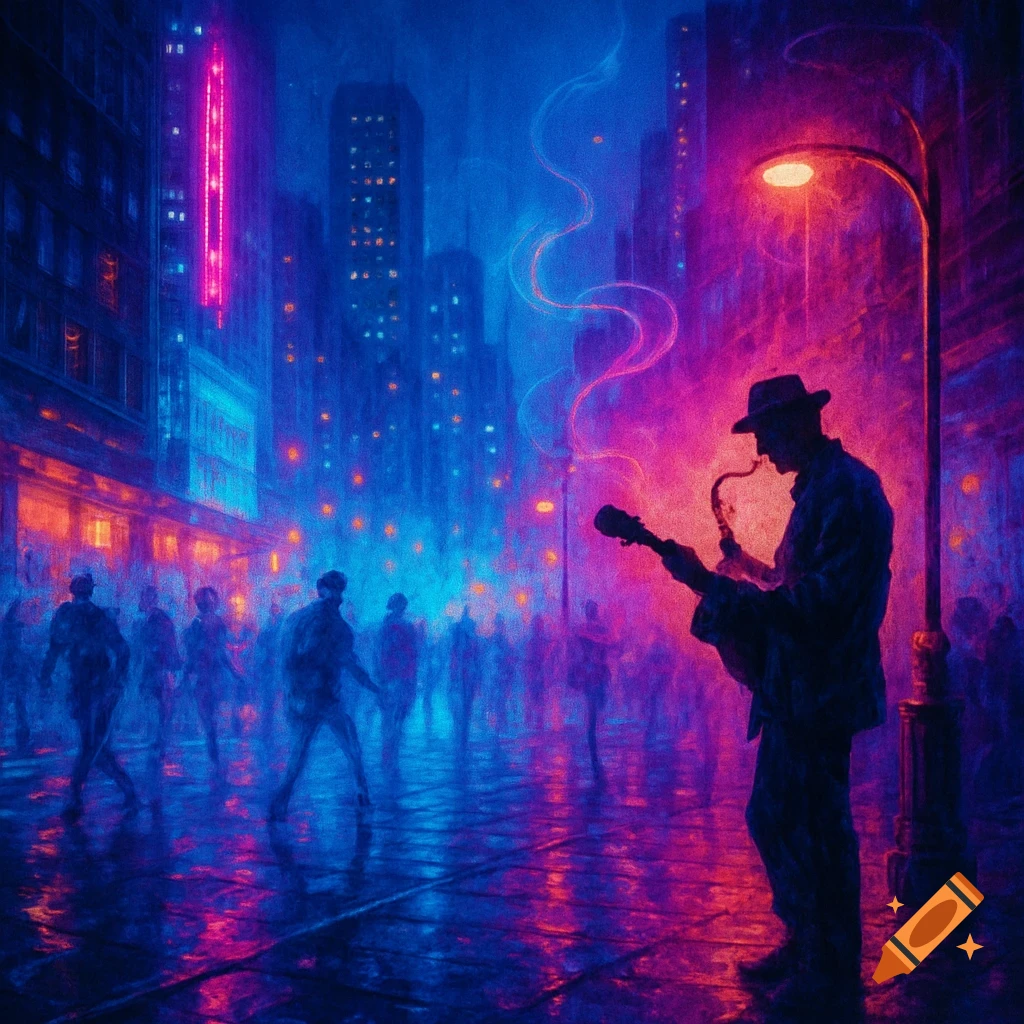 A vibrant, neon-lit cityscape at night with a silhouetted musician playing a saxophone and guitar on a rainy street.