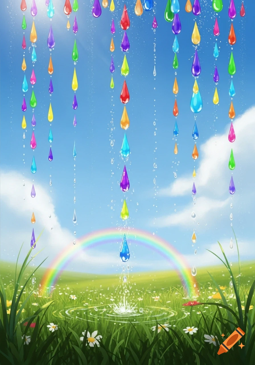 Colorful raindrops fall from a bright blue sky onto a lush green field with a vibrant rainbow and white flowers.