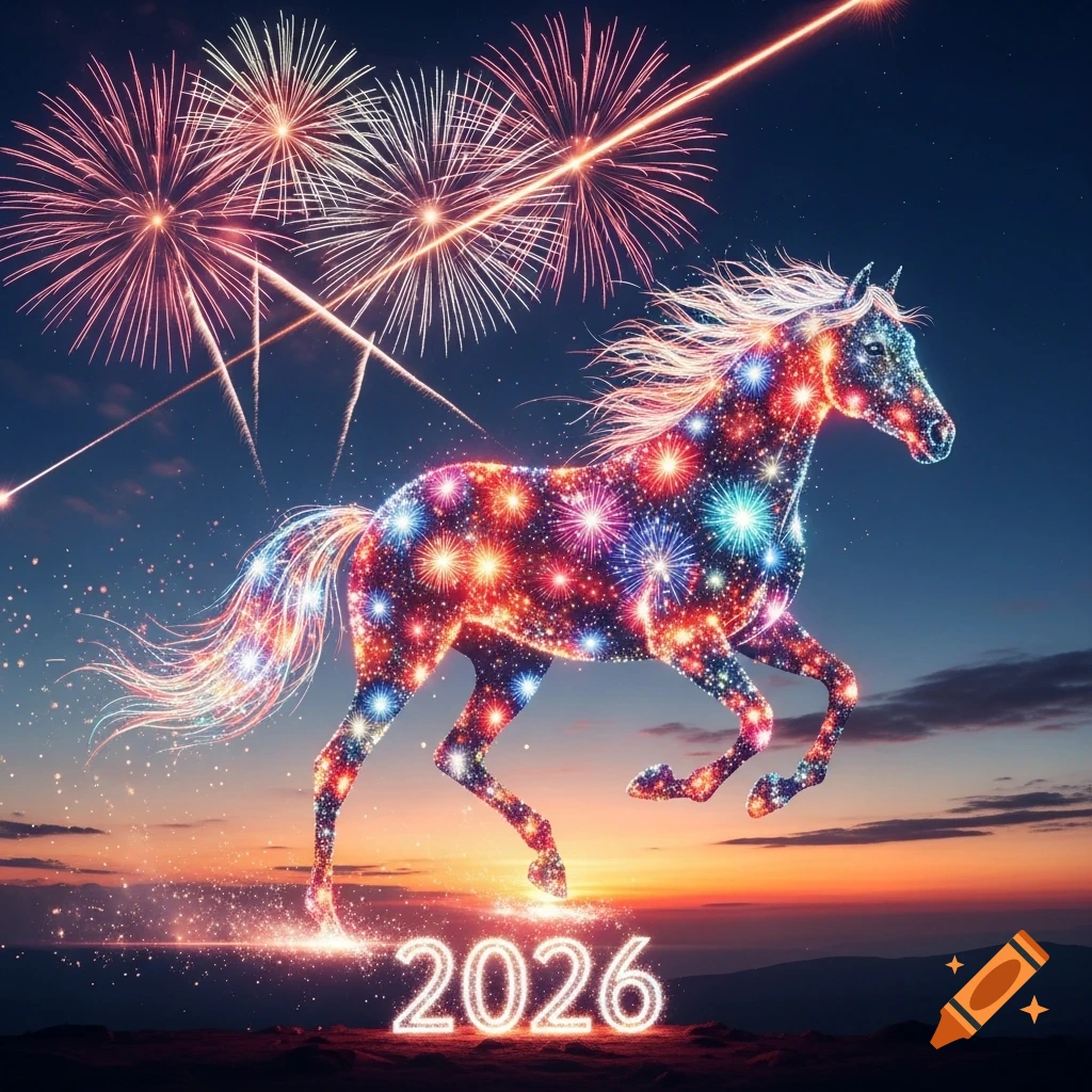 A galloping horse made of colorful fireworks stands against a vibrant sunset sky filled with bursting fireworks, with '2026' sparkling below.