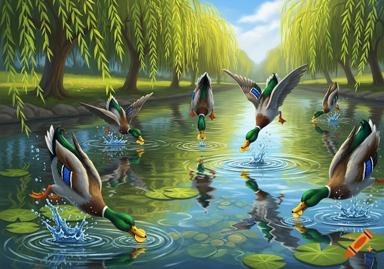 Illustrated scene of mallard ducks diving for gold coins in a pond lined with willow trees.