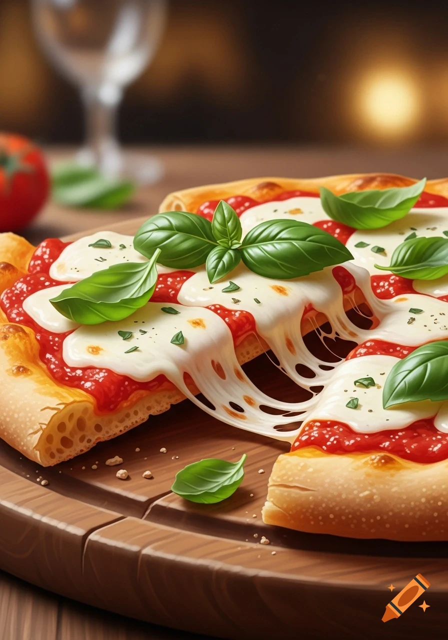 A delicious slice of margherita pizza with melting mozzarella, fresh basil, and tomato sauce, served on a wooden board.