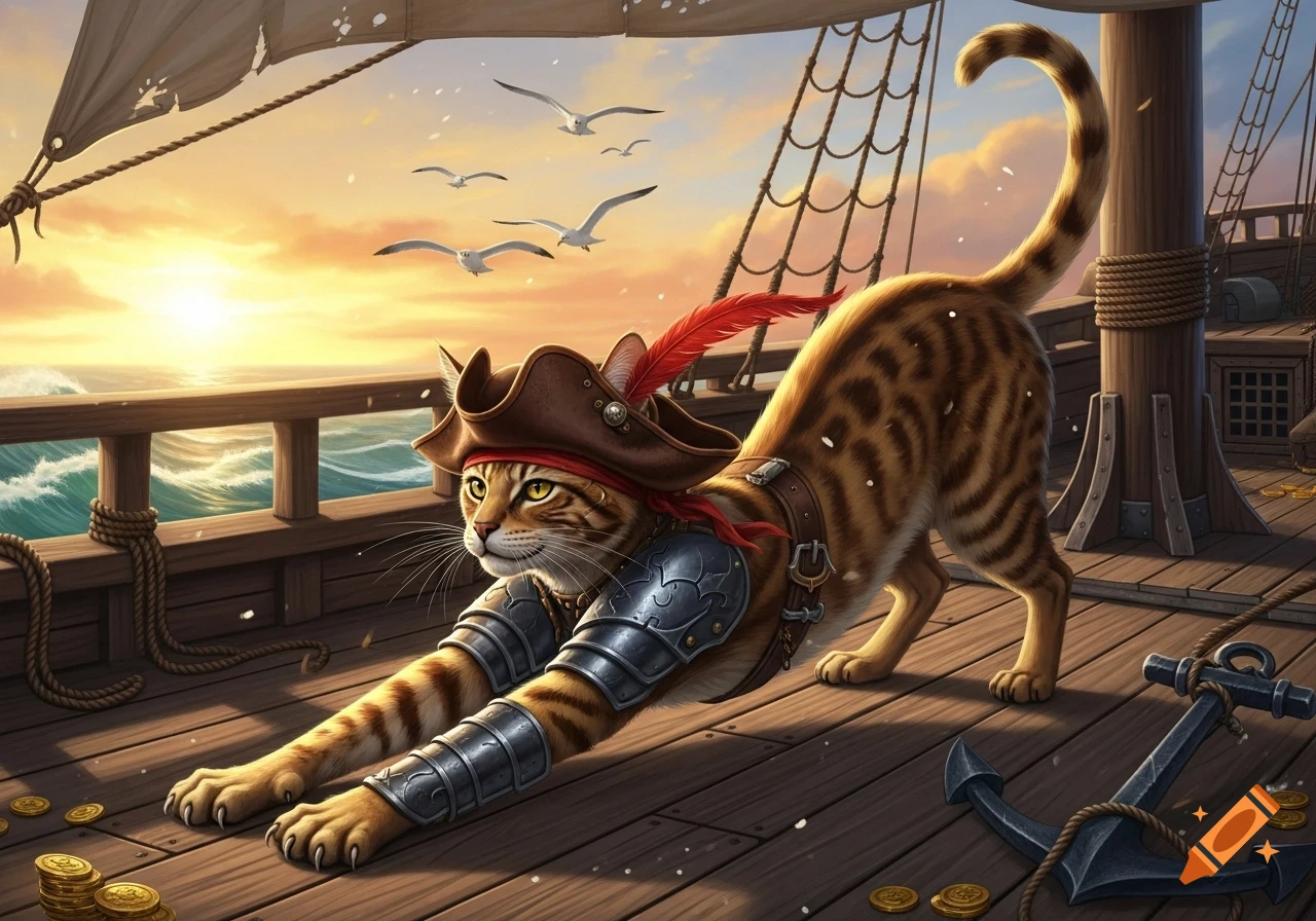 A warrior cat in a pirate hat and armor stretches on a wooden ship deck at sunset, with gulls flying over the ocean.