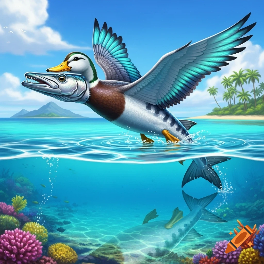 A vibrant illustration of a barracuduck, a hybrid duck and barracuda, emerging from a tropical ocean with a coral reef.