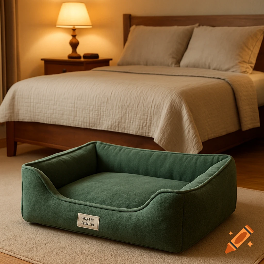 A realistic product photo of a green pet bed on a carpeted floor in a cozy bedroom with warm lighting.