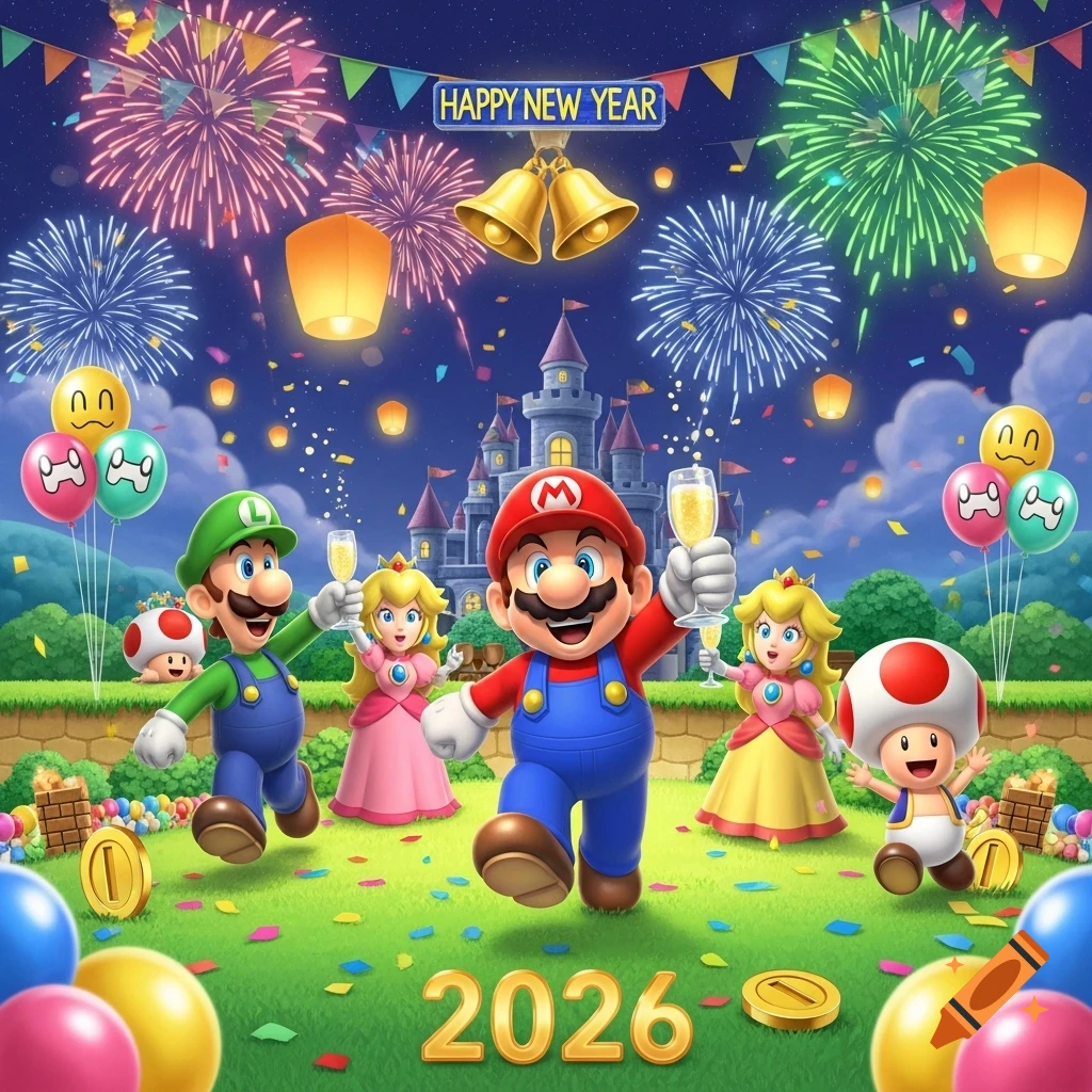 Mario, Luigi, two Princess Peaches, and Toad celebrate New Year with champagne, fireworks, and sky lanterns over a castle.