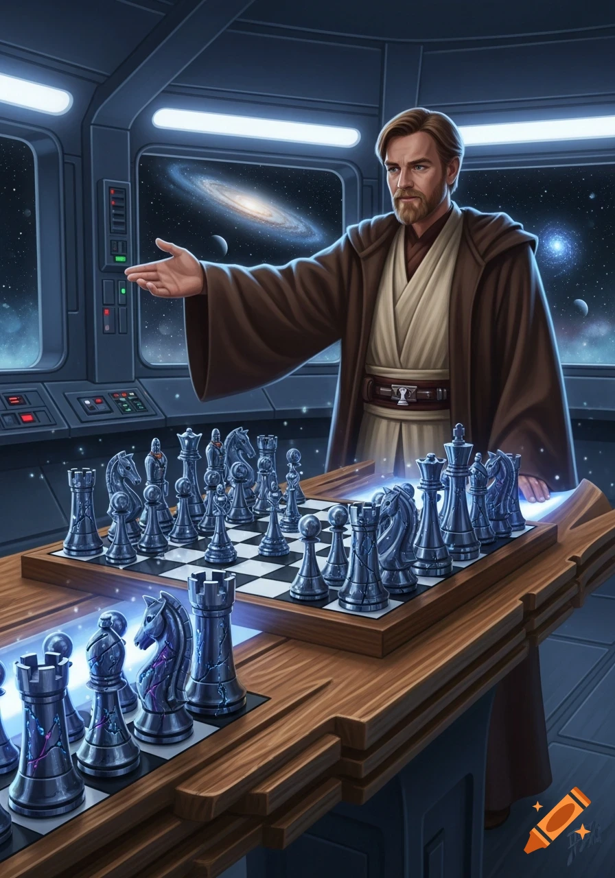 Obi-Wan Kenobi gestures over a futuristic chess board in a space station cabin, with galaxies visible through the window, in a stylized illustration.