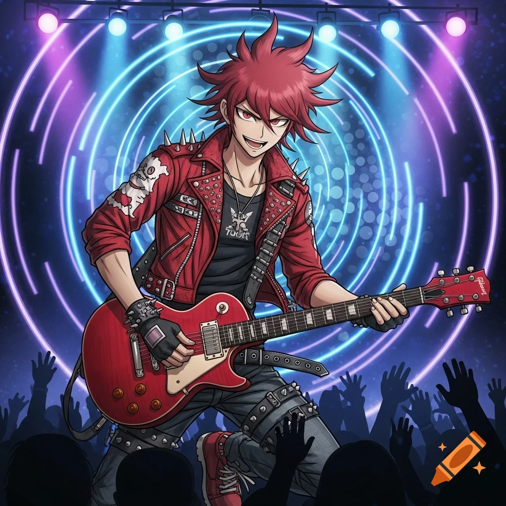 An anime-style red-haired male character in a red spiked jacket plays a red electric guitar on stage, with a glowing blue and purple background and silhouetted crowd.
