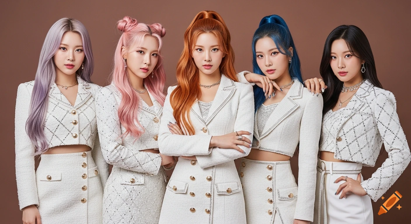 Five K-pop women with diverse hair colors wear pearl-white outfits, posing elegantly against a soft brown background.