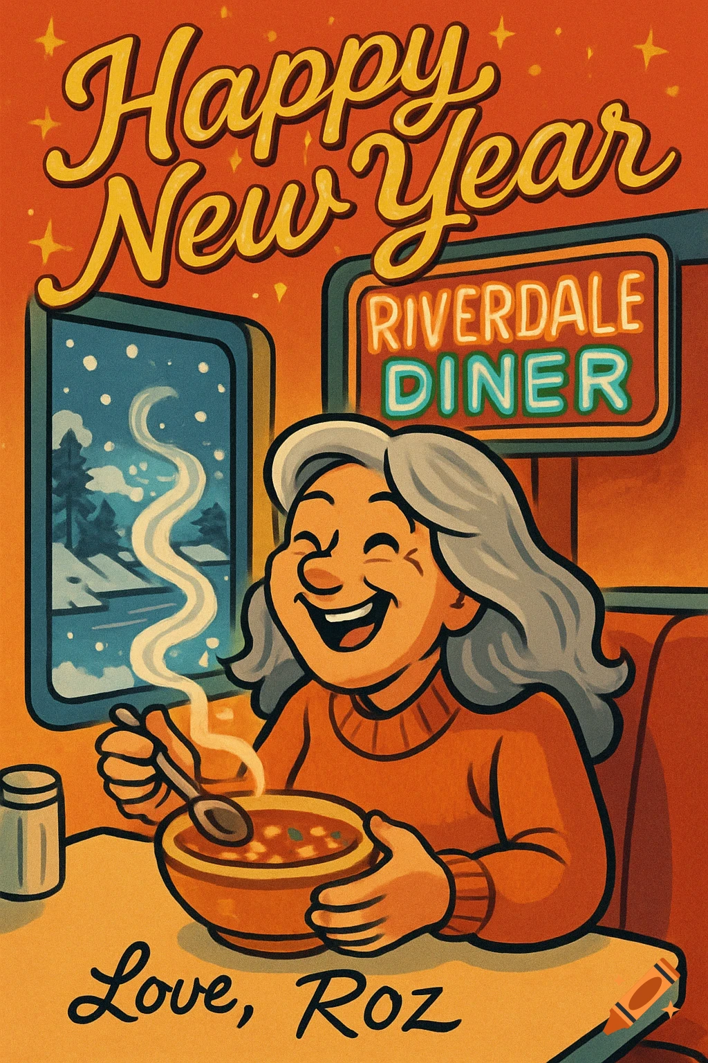 Vibrant cartoon greeting card shows a happy grey-haired woman eating steaming soup in a Riverdale Diner booth, with 'Happy New Year' text.