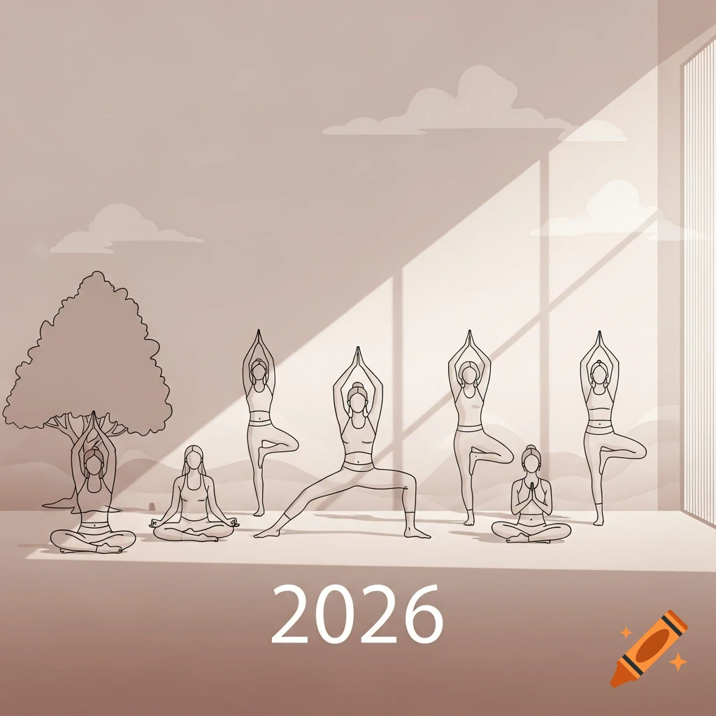 Minimalist line art illustration of several women performing various yoga poses indoors with a tree and the year "2026".