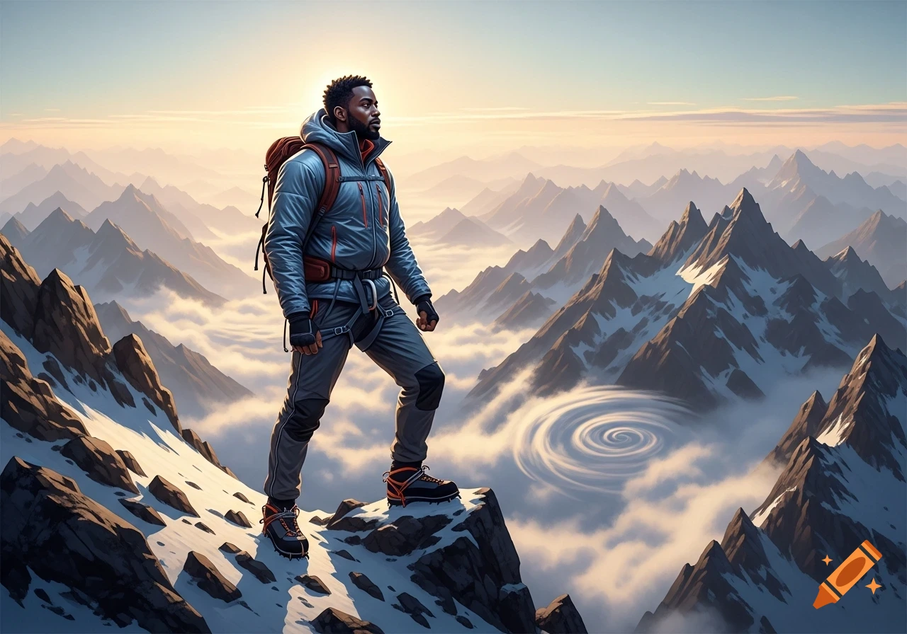 A Black man in winter gear stands on a snowy mountain peak, overlooking a vast cloudy mountain range at sunrise.