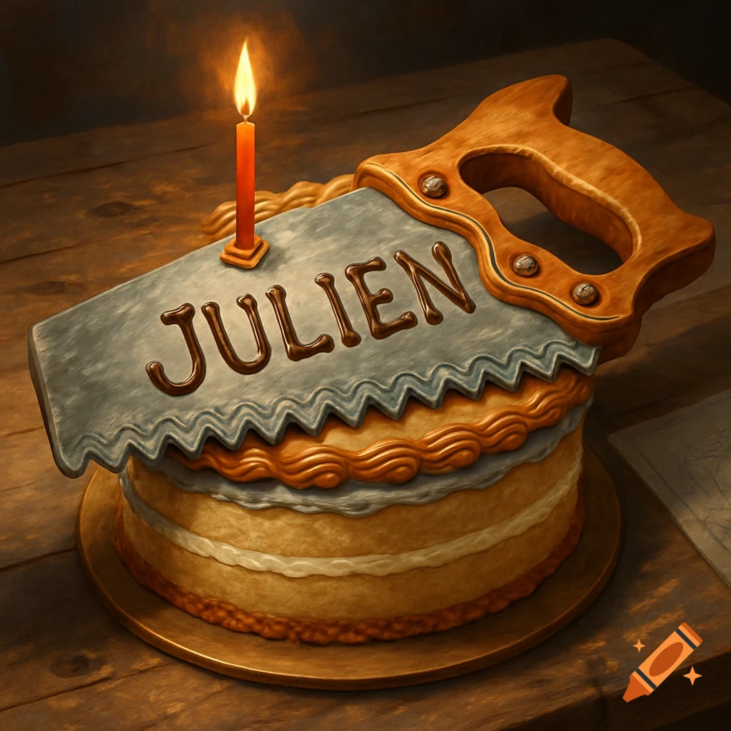 A photorealistic birthday cake shaped like a saw, decorated with frosting, a lit candle, and the name "JULIEN" on top.