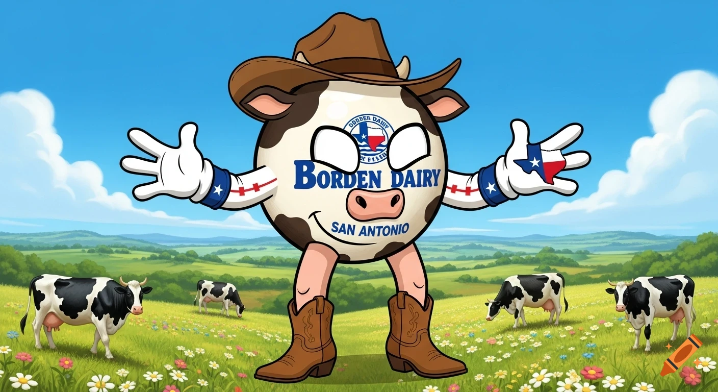 A cartoon cow character wearing a cowboy hat and boots, with "Borden Dairy San Antonio" text on its body, stands in a green field with other cows and flowers under a blue sky.