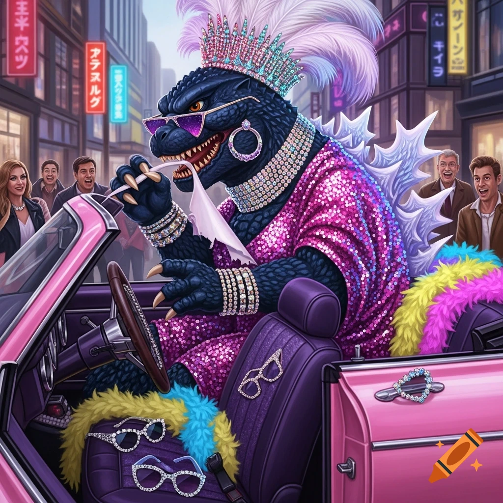 Godzilla in a pink sequin drag queen dress, tiara, and sunglasses drives a pink convertible, holding torn paper, with cheering onlookers in a vibrant city.
