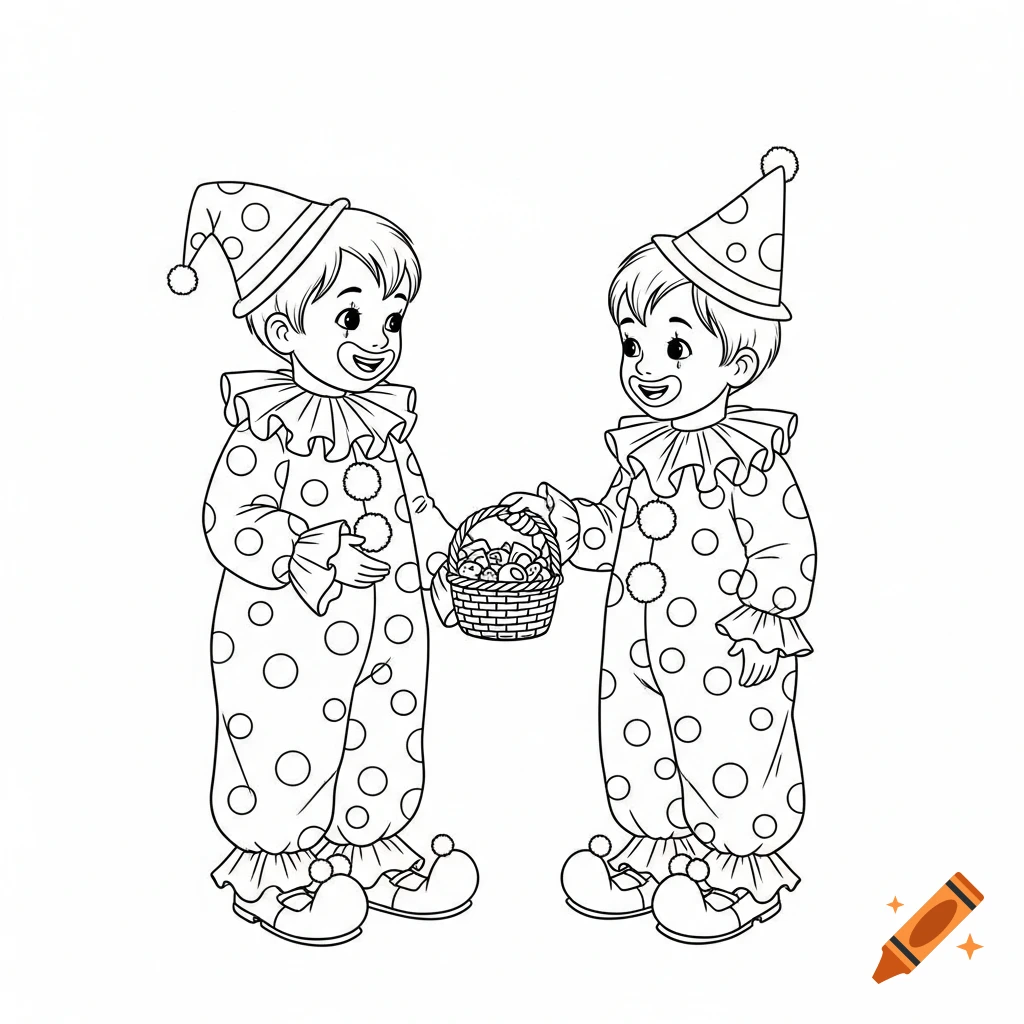 Black and white line art of two young boys in clown costumes, one offering a small basket of treats to the other.
