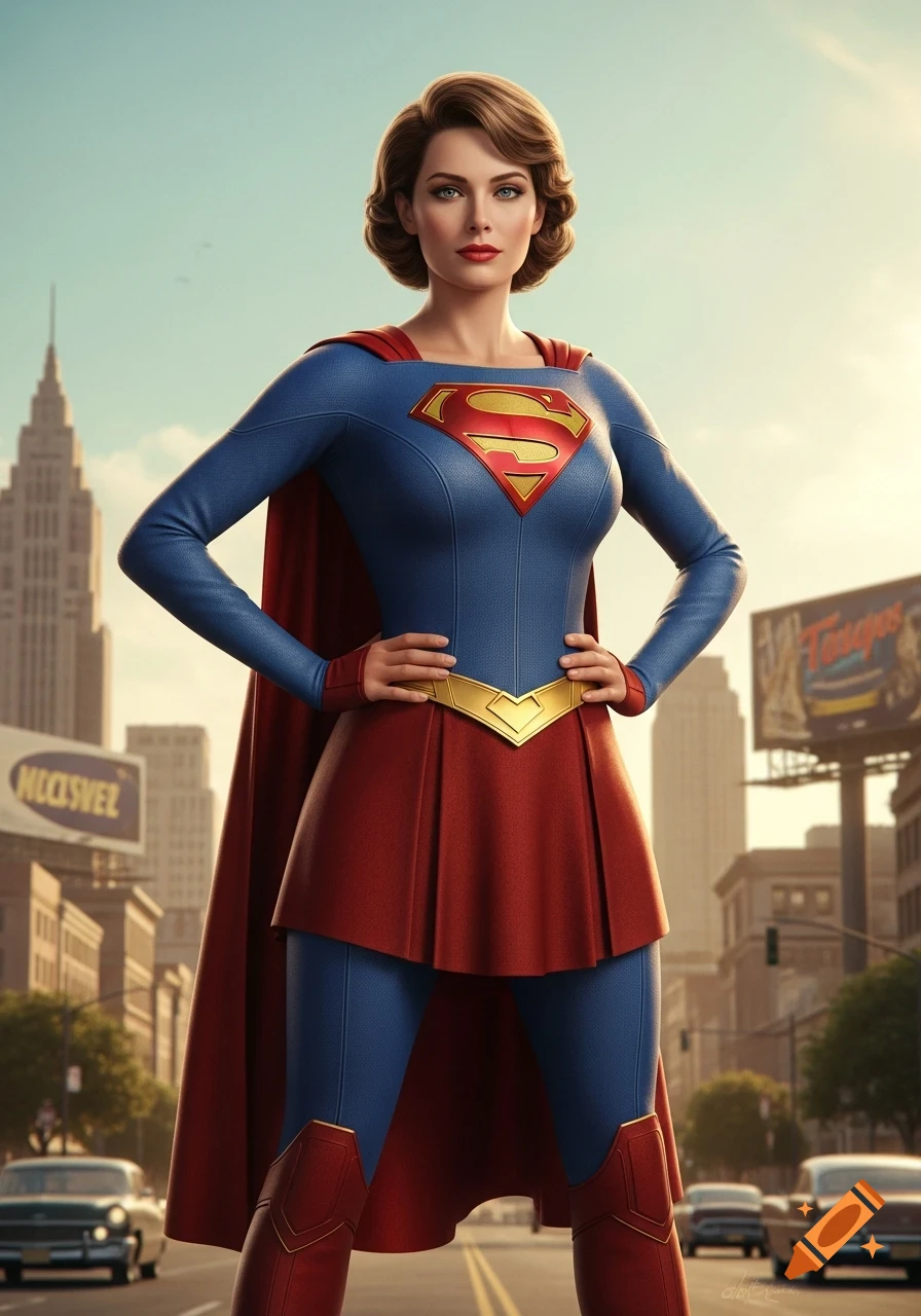 A vintage-style Superwoman stands confidently in a city street, hands on hips, under a clear sky.