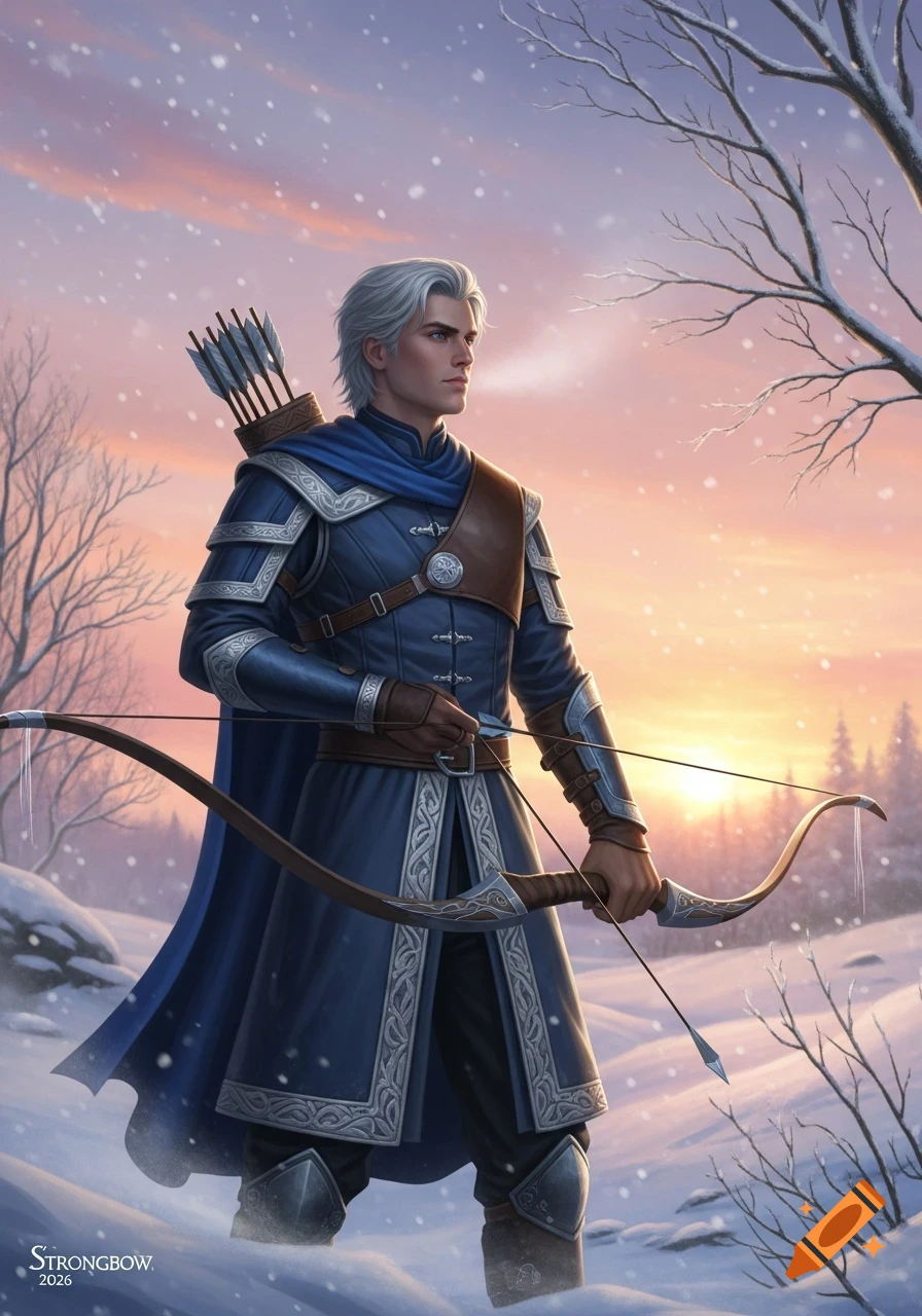 A white-haired male archer in blue and brown armor stands in a snowy forest at sunset, holding a bow and looking right.
