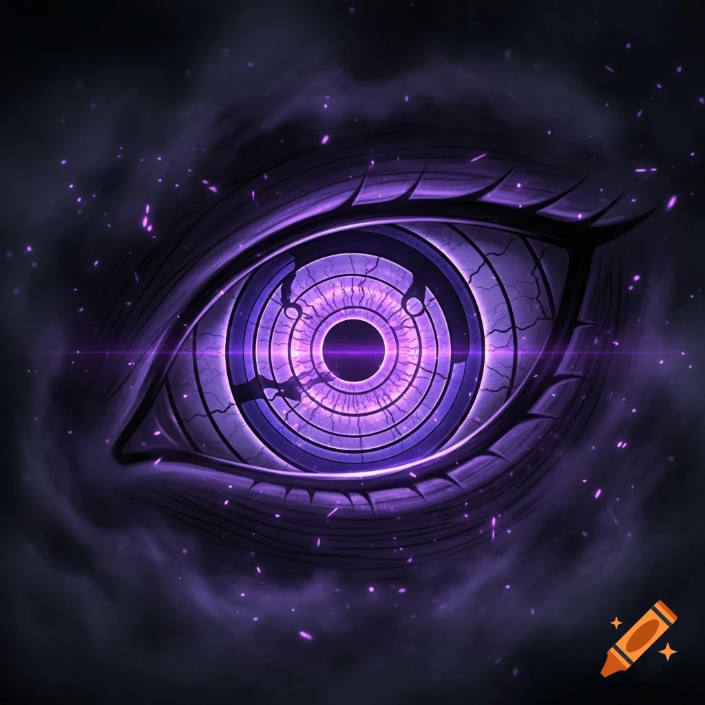 A stylized purple eye with glowing concentric rings and cracked textures, set against a dark, smoky, starry background.