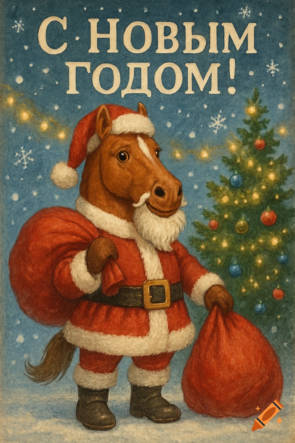A festive watercolor-style illustration of an anthropomorphic brown horse dressed as Santa Claus, holding two red sacks. A decorated Christmas tree is behind it, with snow and text that reads "С НОВЫМ ГОДОМ!" (Happy New Year!).