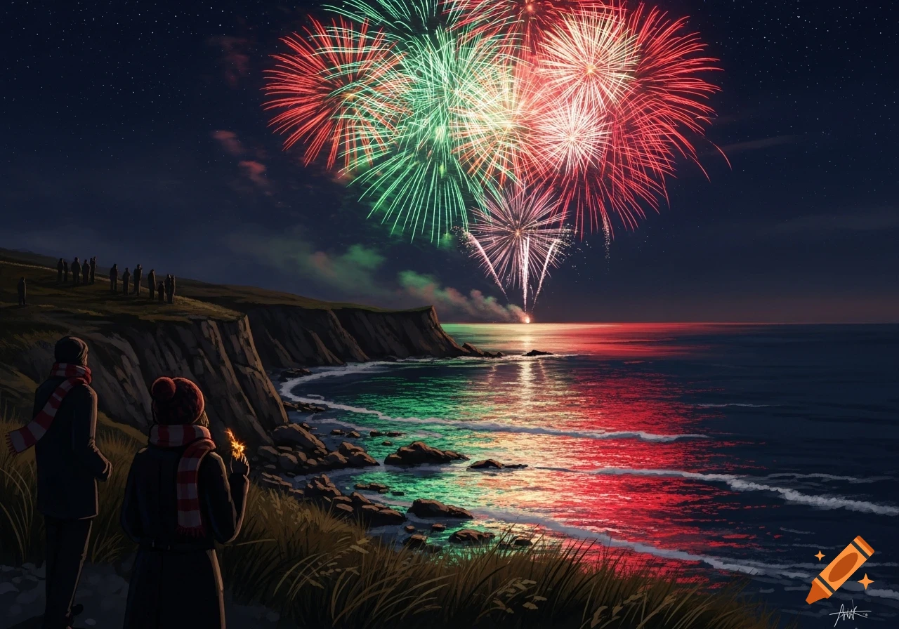 Colorful fireworks explode over a dramatic coastline and ocean at night, with people watching from a grassy hill and reflections on the water.