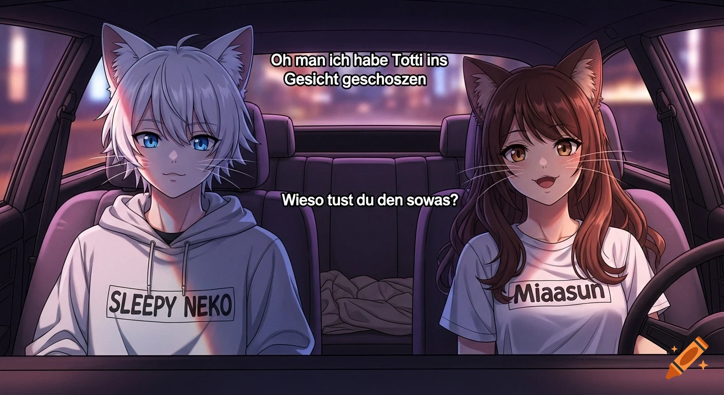 An anime-style image of a white-haired cat boy and a brown-haired cat girl in a car. The boy's hoodie says "SLEEPY NEKO", and the girl's shirt says "Miaasun". Text bubbles show a conversation in German.
