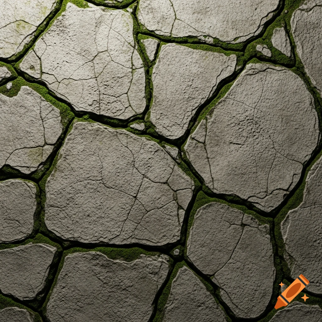 Close-up of a weathered, cracked grey stone wall with dark green moss growing in the crevices.
