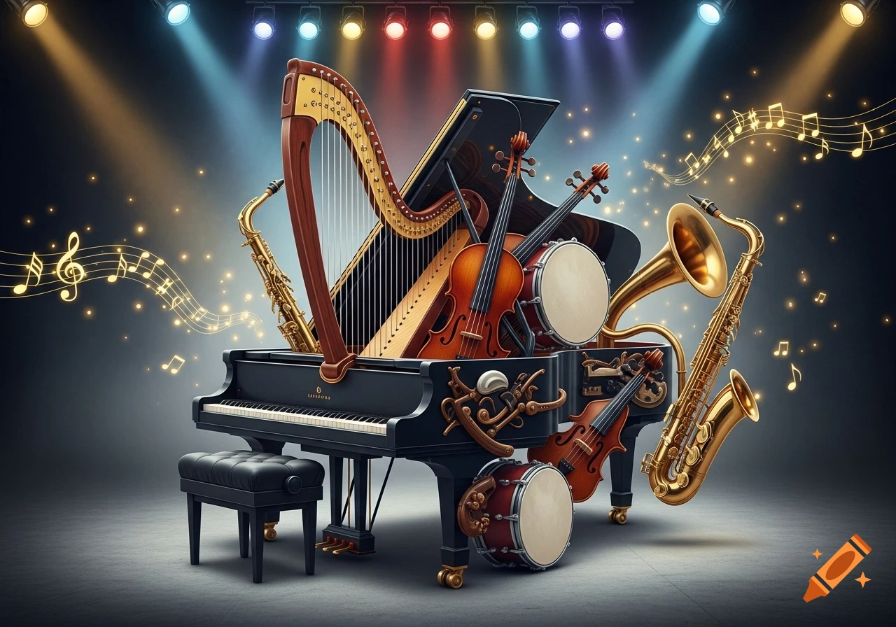A grand piano with a harp, saxophones, violins, and drums stacked on and around it, illuminated by stage lights and surrounded by glowing musical notes.