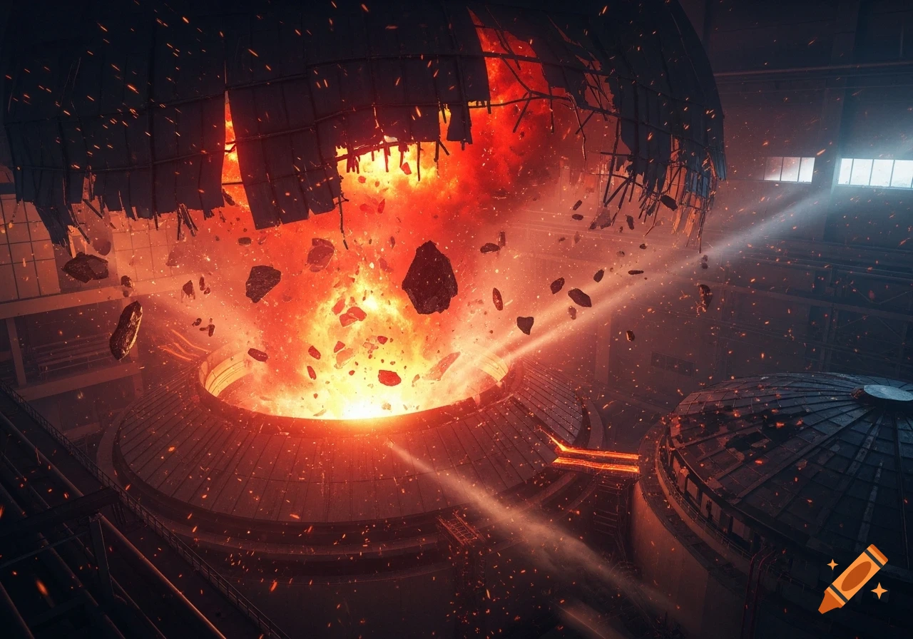 A massive explosion with fire, smoke, and debris erupting from a central structure within an industrial facility.